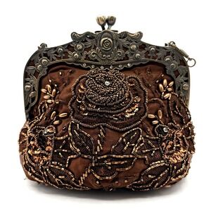 New Vintage Bronze Beaded Rose Flower Pattern Evening Handbag Purse Clutch/Brown